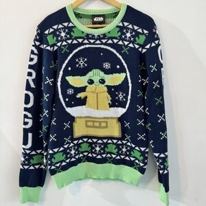 Size M Mens Christmas Sweater Star Wars The Mandalorian Grogu Snow Globe